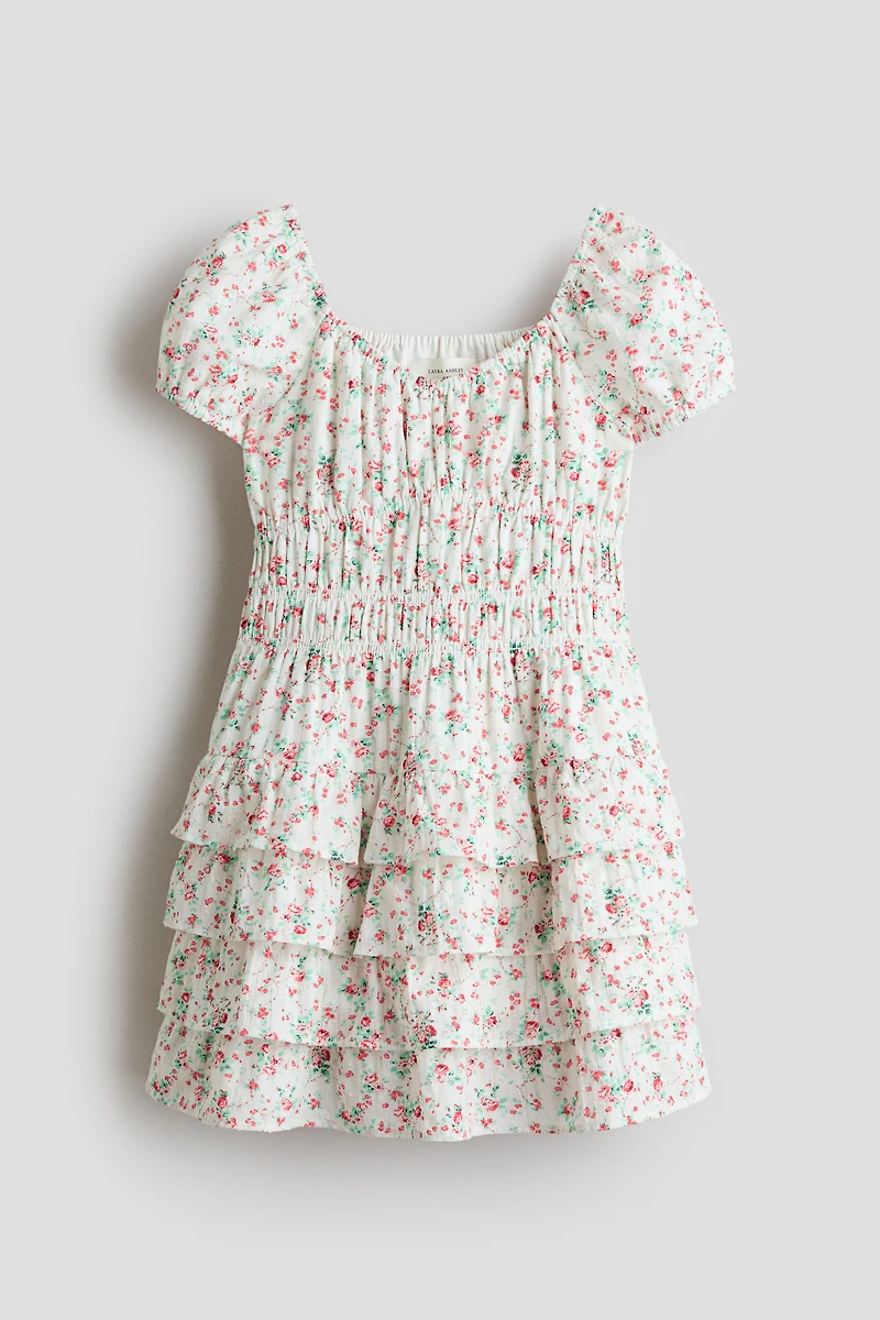 Puff-Sleeved Patterned Cotton Dress