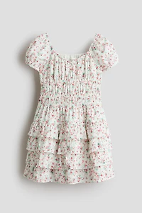Puff-Sleeved Patterned Cotton Dress