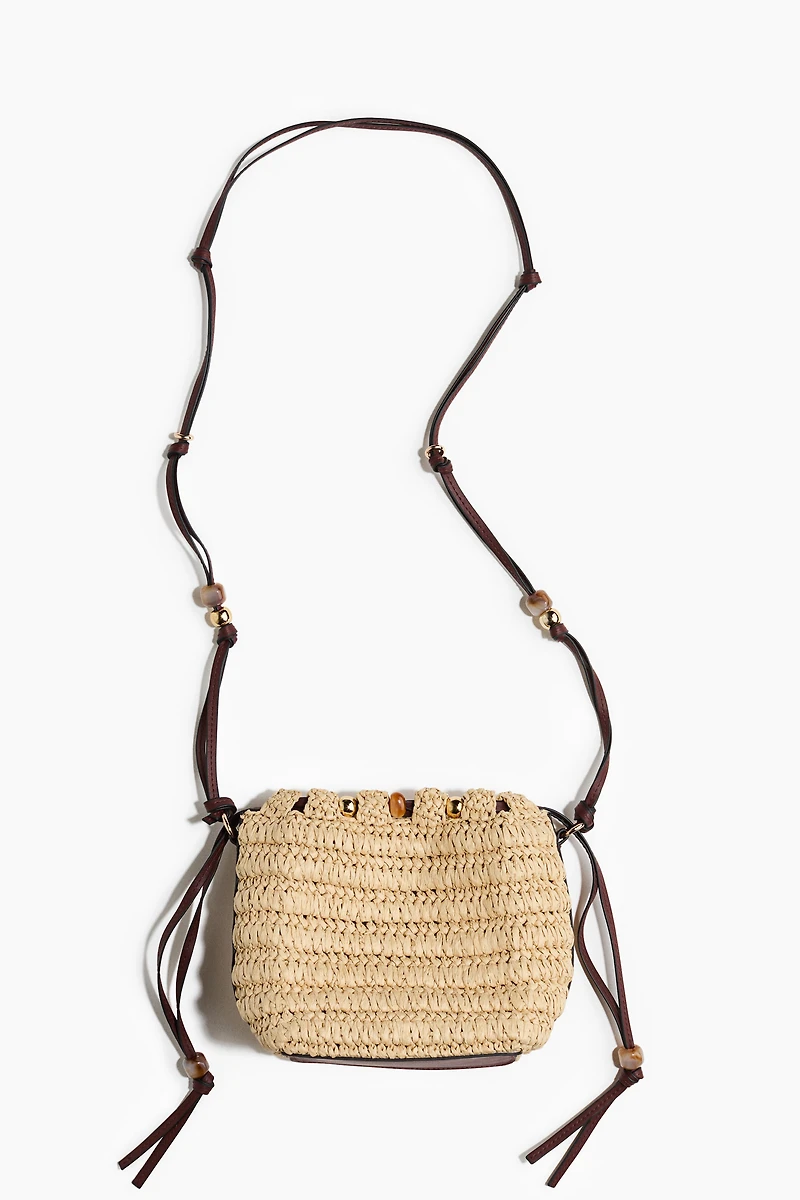 Bead-Detail Straw Crossbody Bag