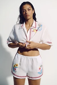 Embroidered Linen Beach Shorts