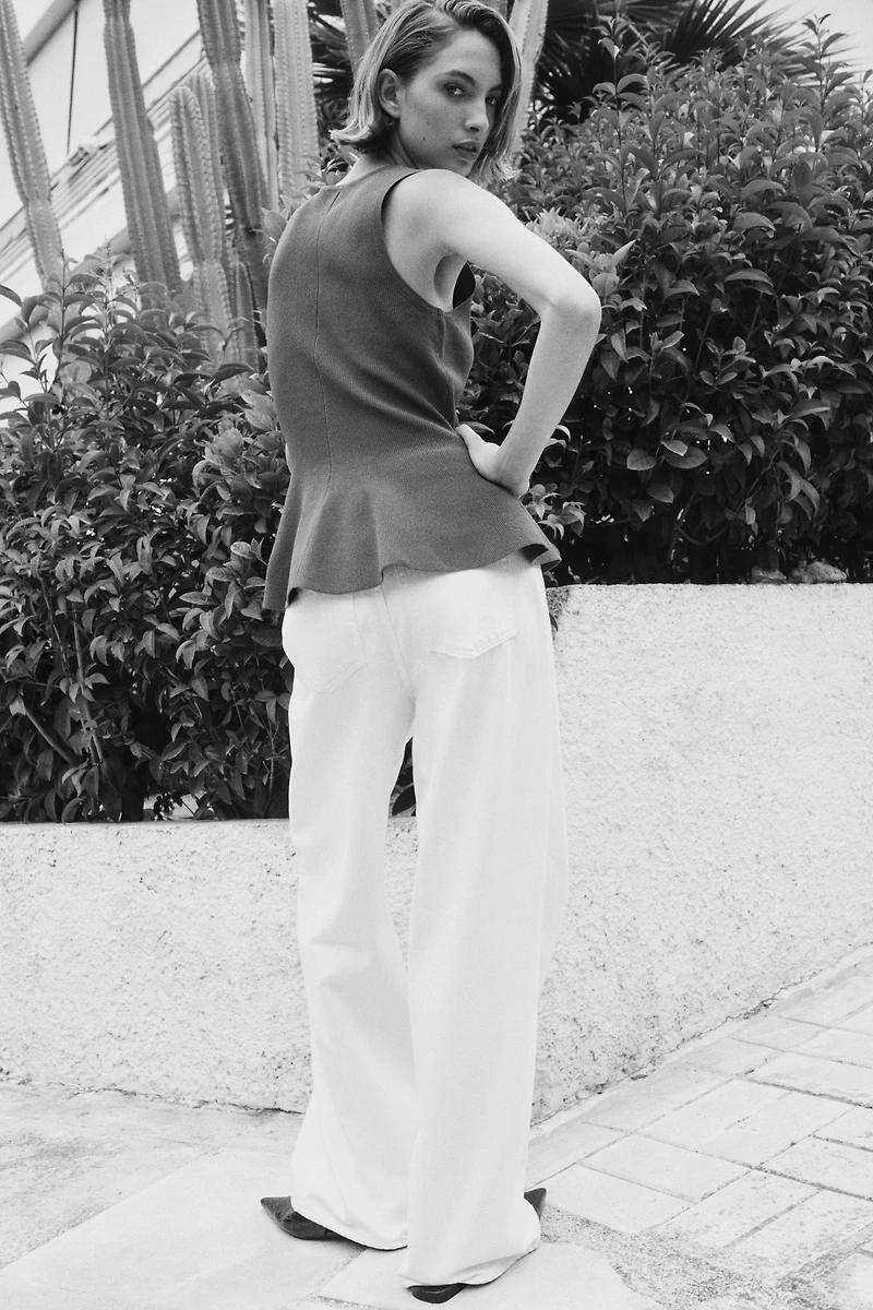 Rib-Knit Peplum Sleeveless Top