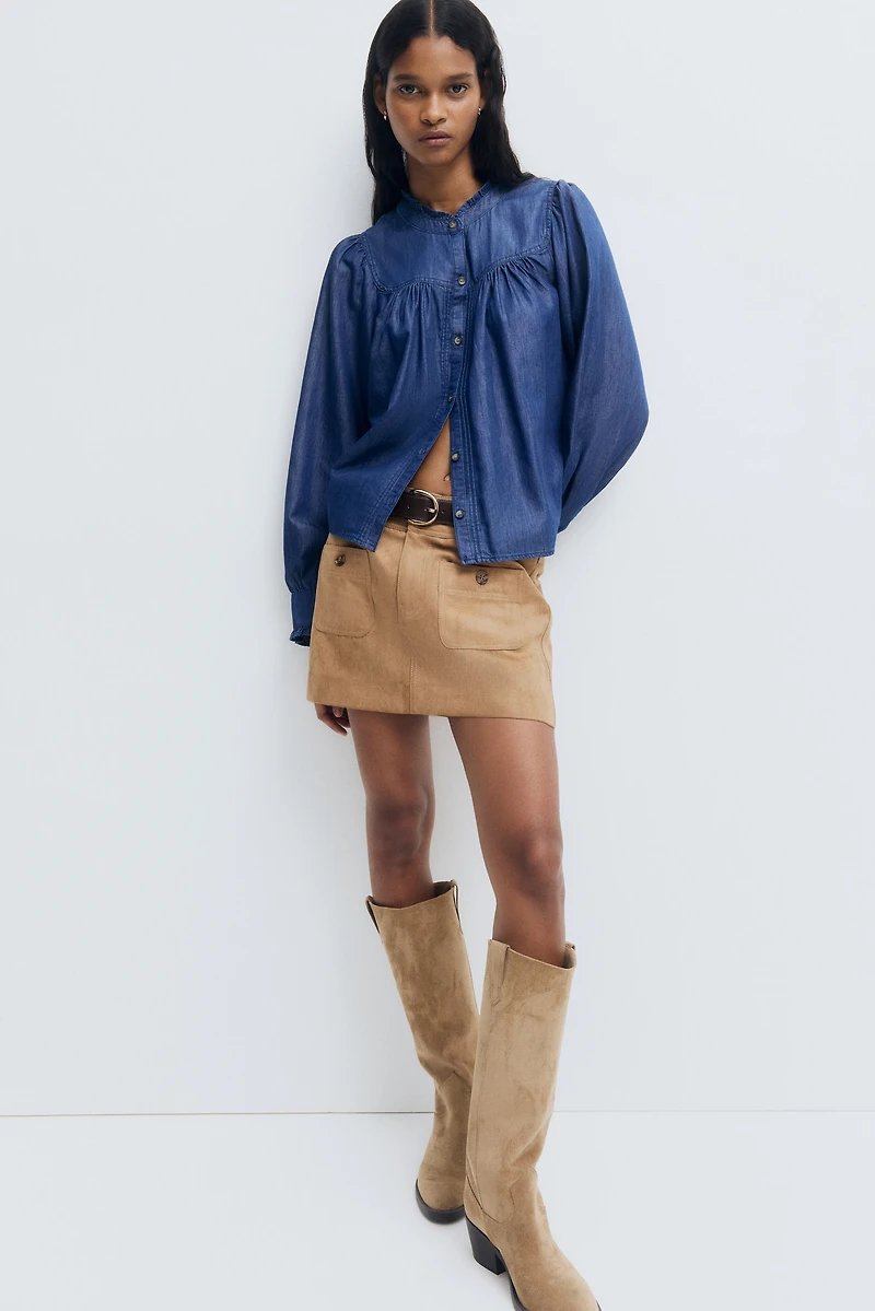 Ruffle-Trimmed Denim Blouse