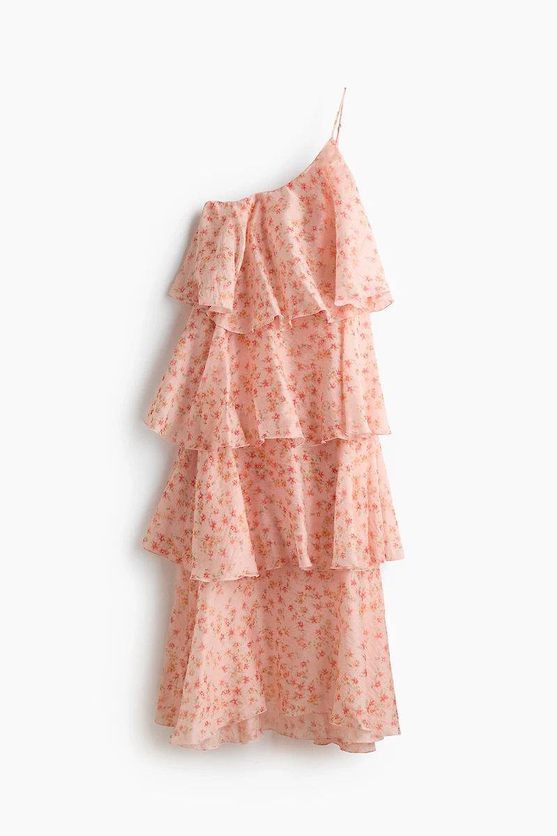 Tiered One-Shoulder Linen-Blend Dress