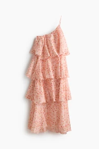 Tiered One-Shoulder Linen-Blend Dress