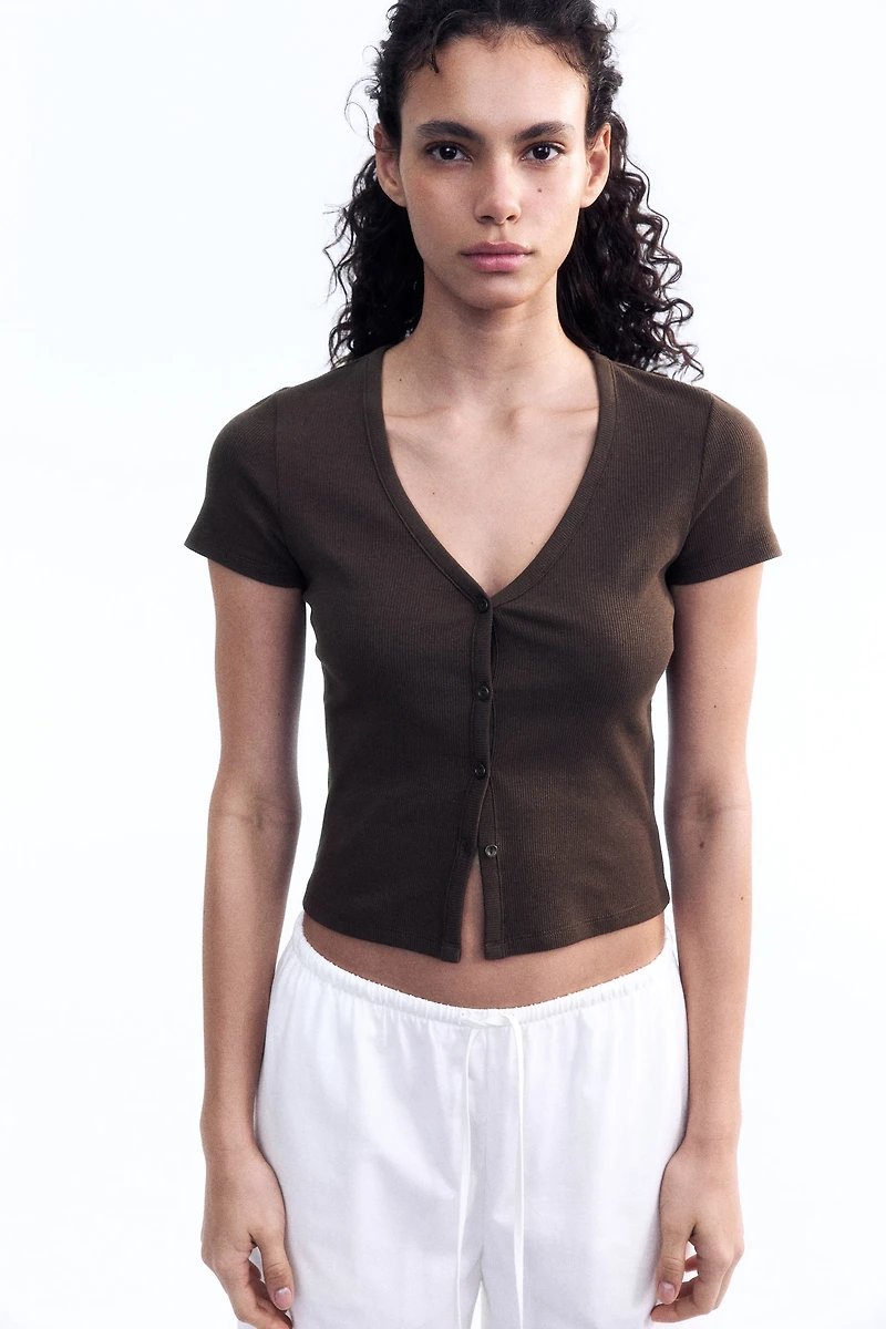 Ribbed Button-Front T-Shirt