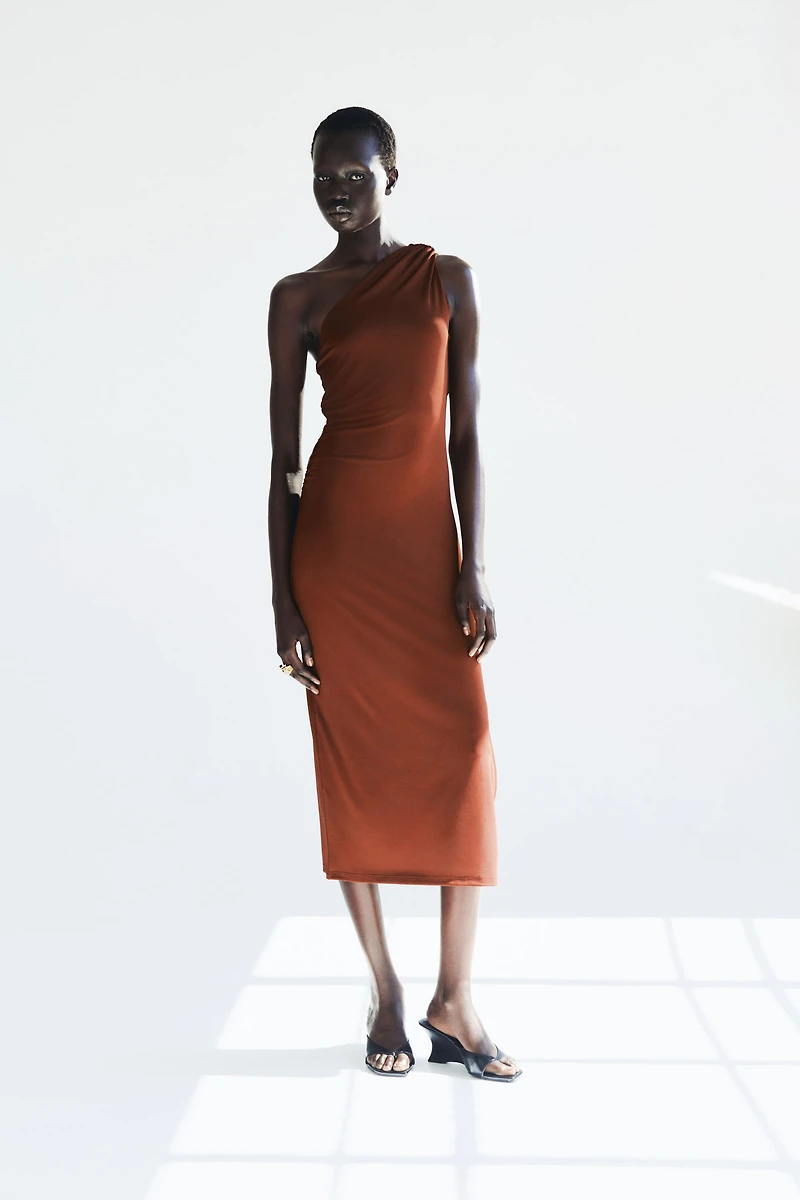 Draped-Panel One-Shoulder Dress