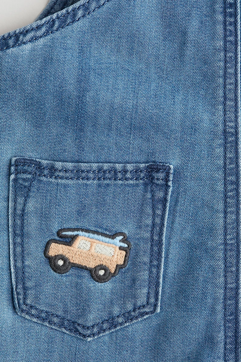 Denim Overall Shorts with Embroidered Details