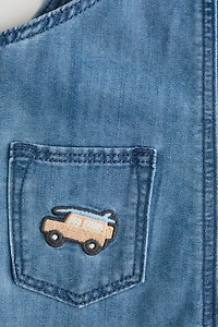 Denim Overall Shorts with Embroidered Details