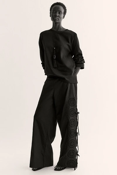 Tie-Detail Pants with Eyelet Embroidery
