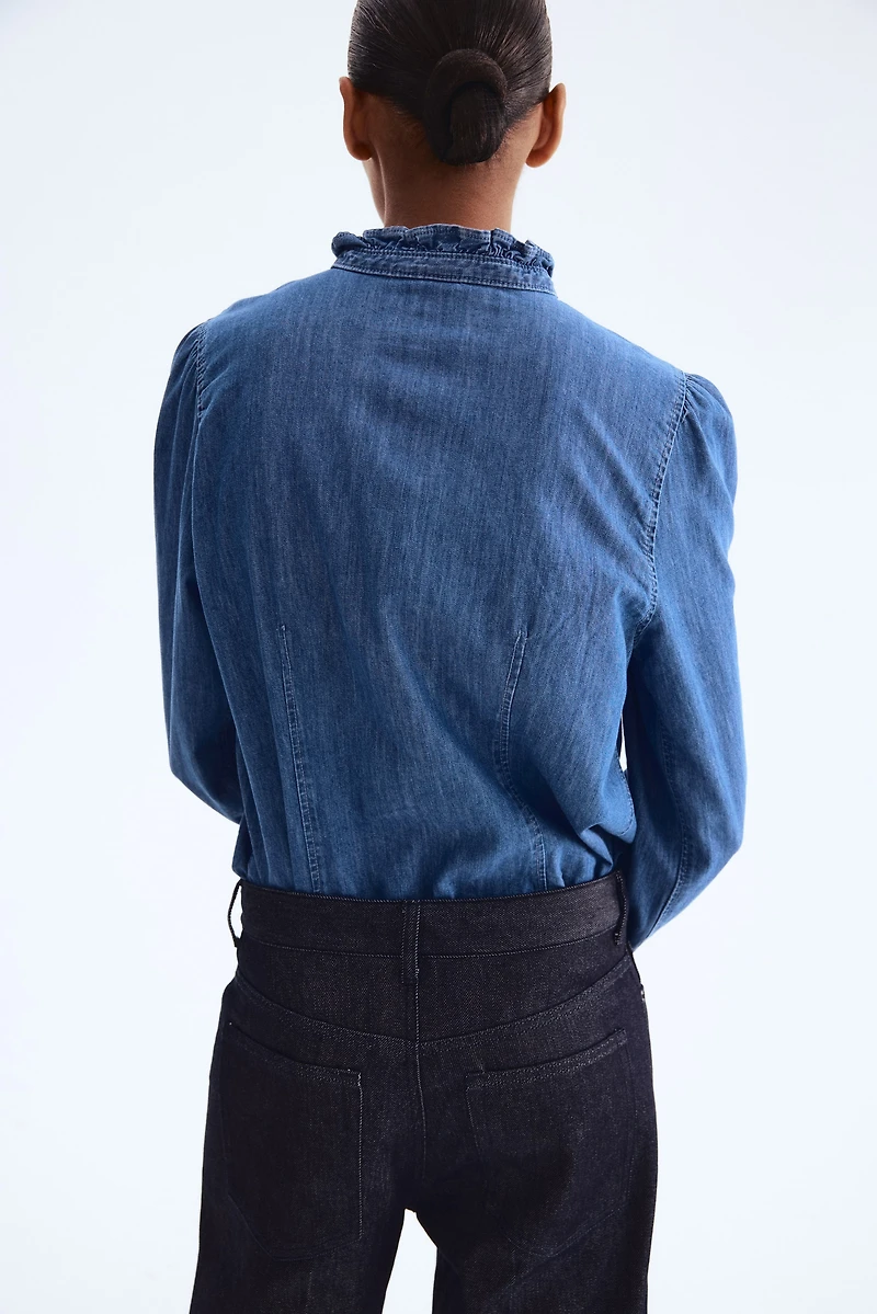 Ruffle-Trimmed Denim Blouse