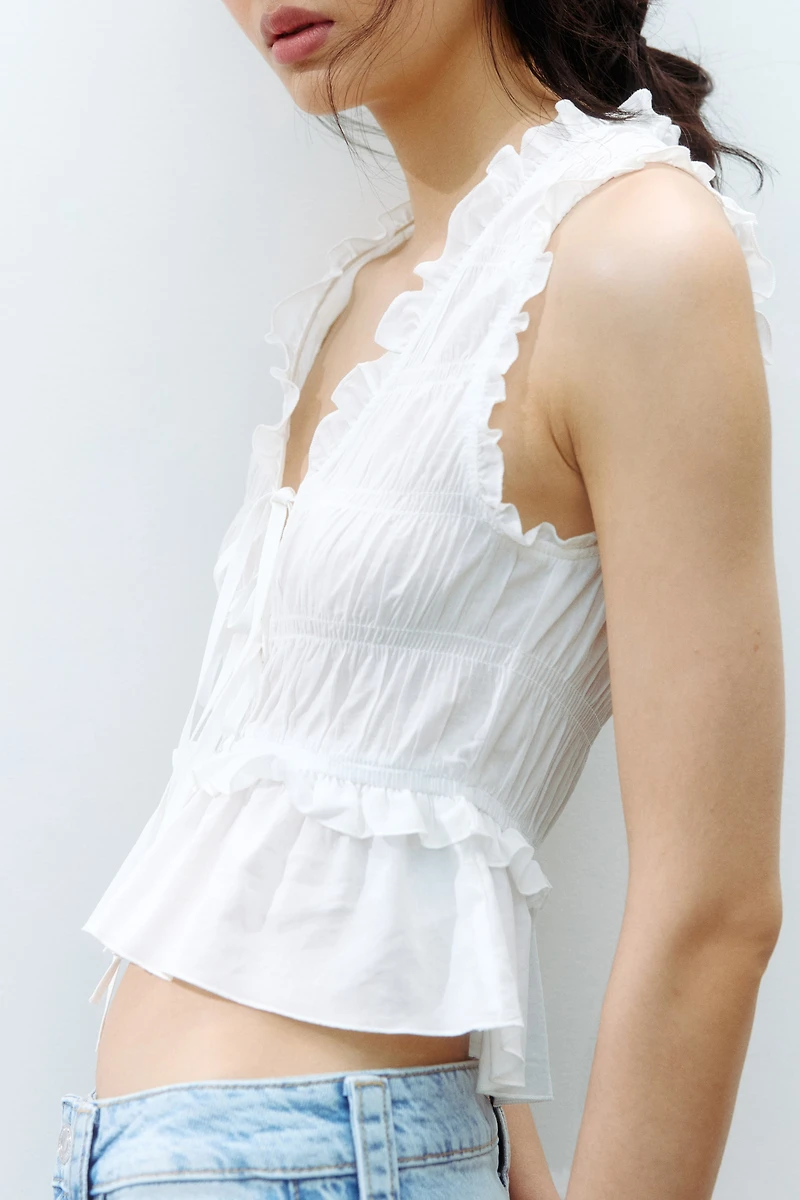 Tie-Detail Smocked Top