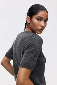 Rhinestone-Embellished Fine-Knit Top