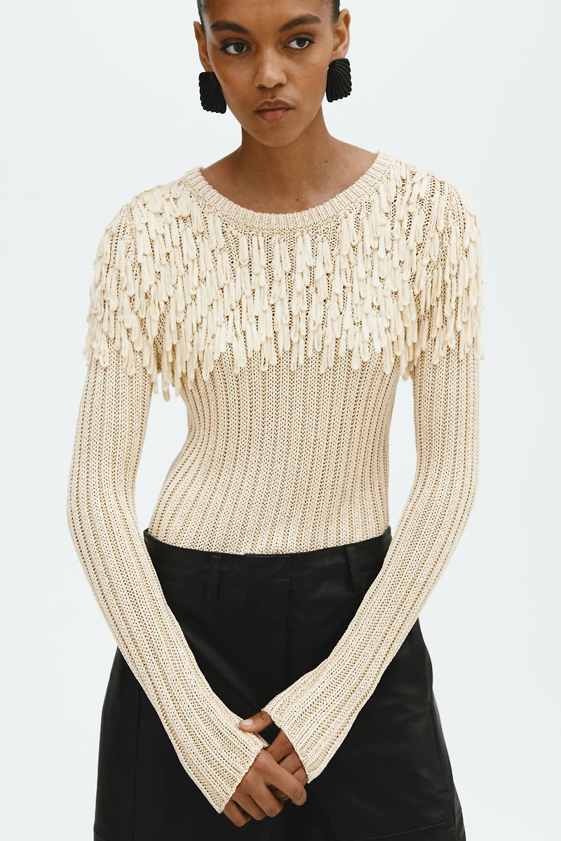 Fringe-Detail Rib-Knit Top