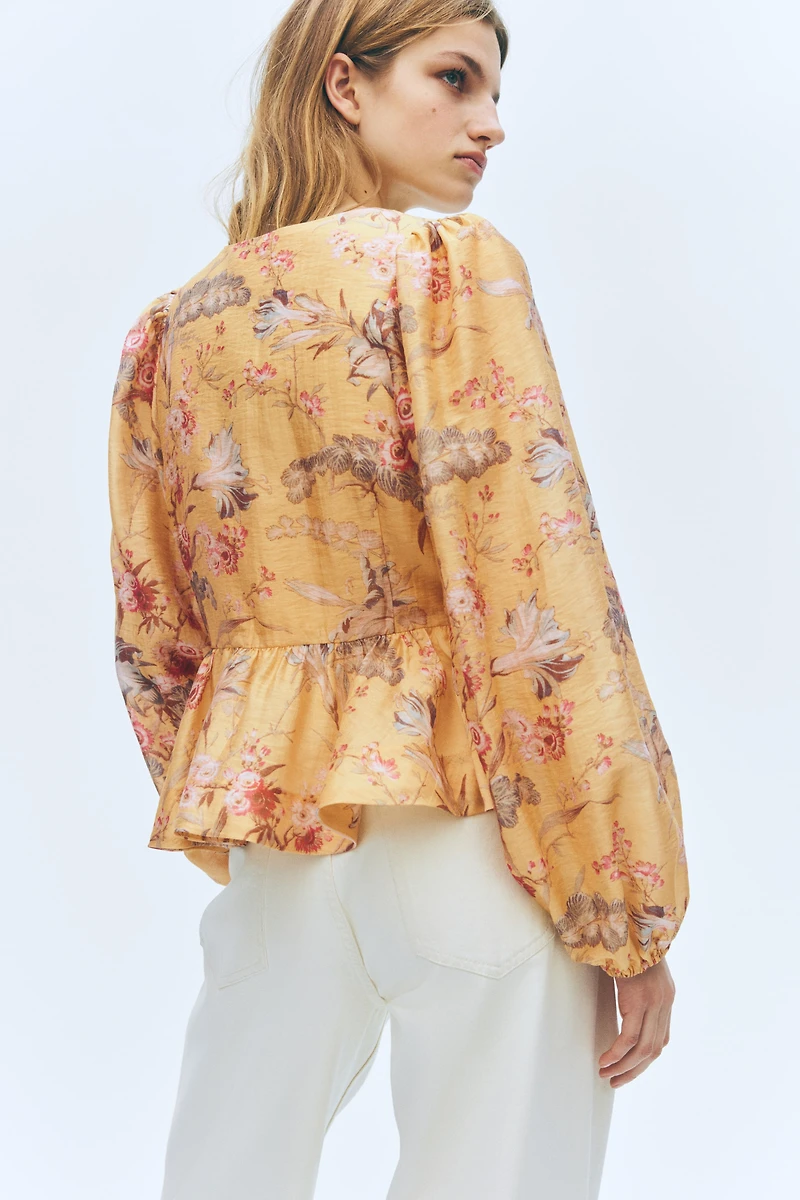 Linen-Blend Peplum Blouse