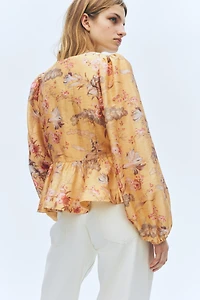 Linen-Blend Peplum Blouse