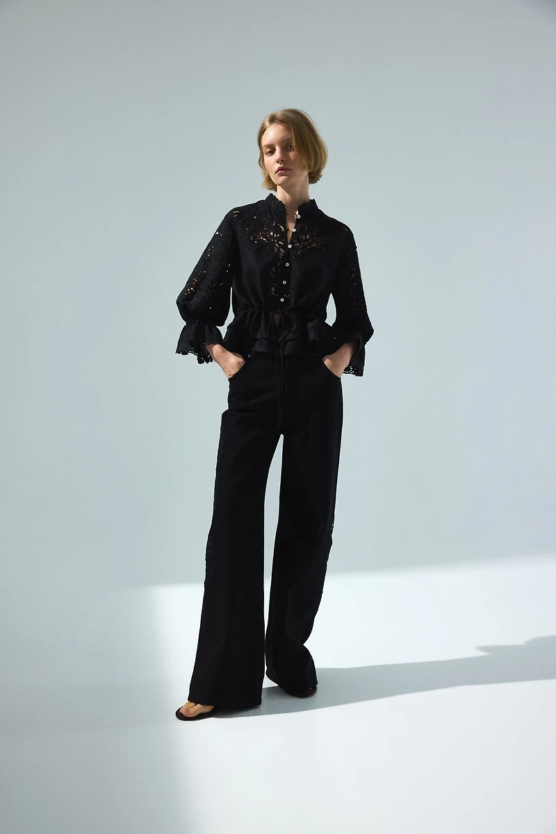 Linen-Blend Blouse with Eyelet Embroidery