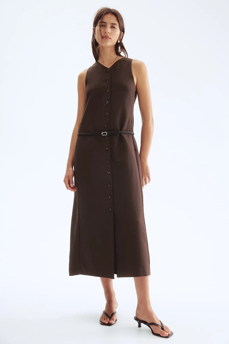 Belted Button-Front Dress