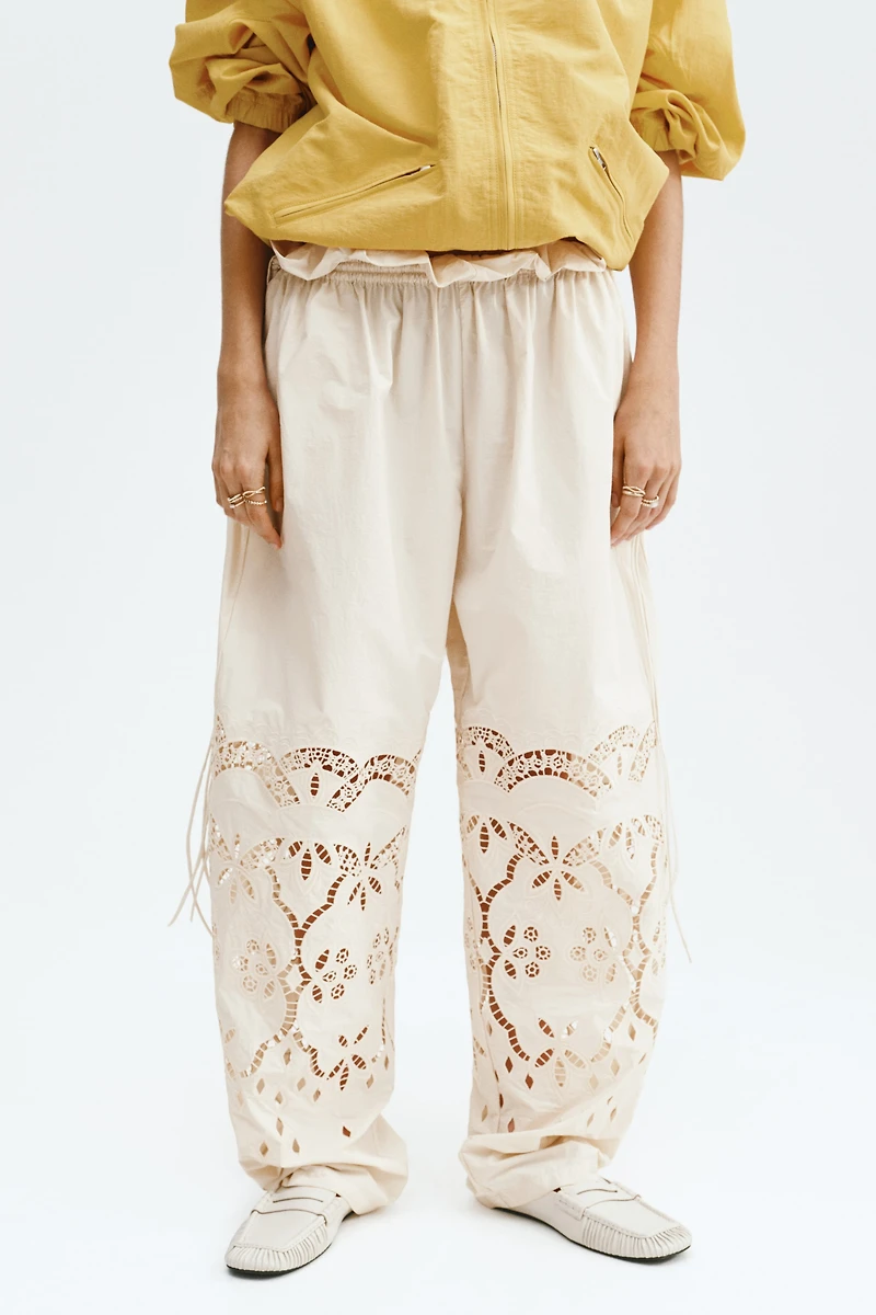 Drawstring Pants with Eyelet Embroidery