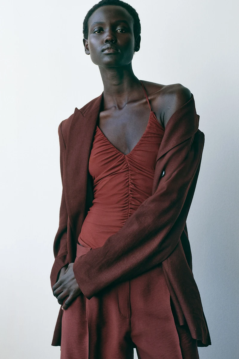 Gathered Halterneck Thong Bodysuit