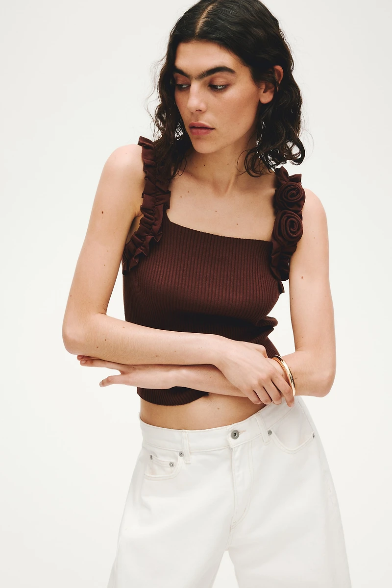 Rose-Appliquéd Rib-Knit Top