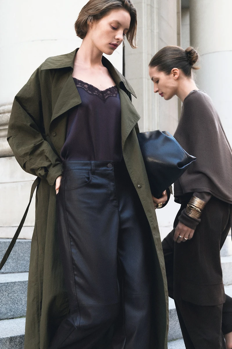 Barrel-Leg Coated Pants