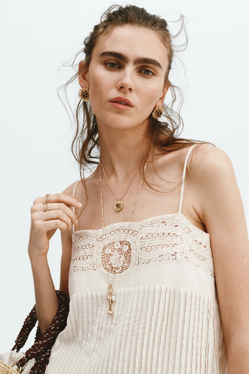 Pintuck Dress with Lace Panel