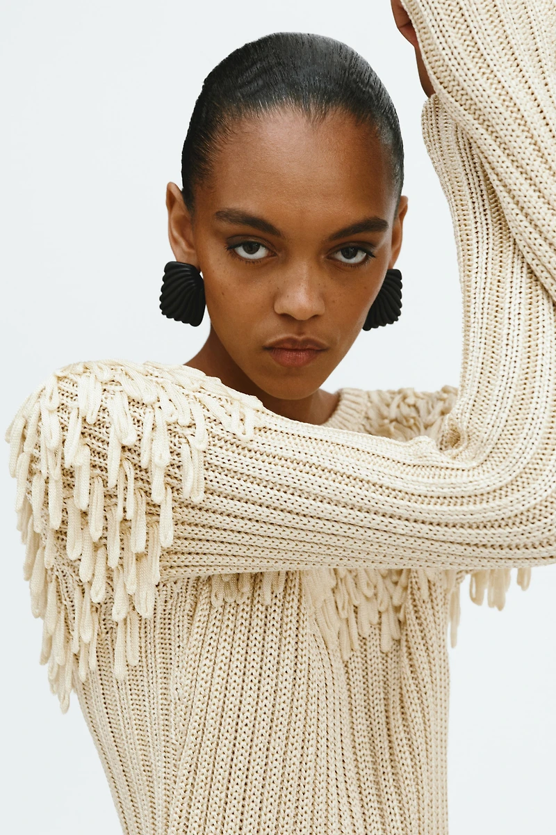 Fringe-Detail Rib-Knit Top