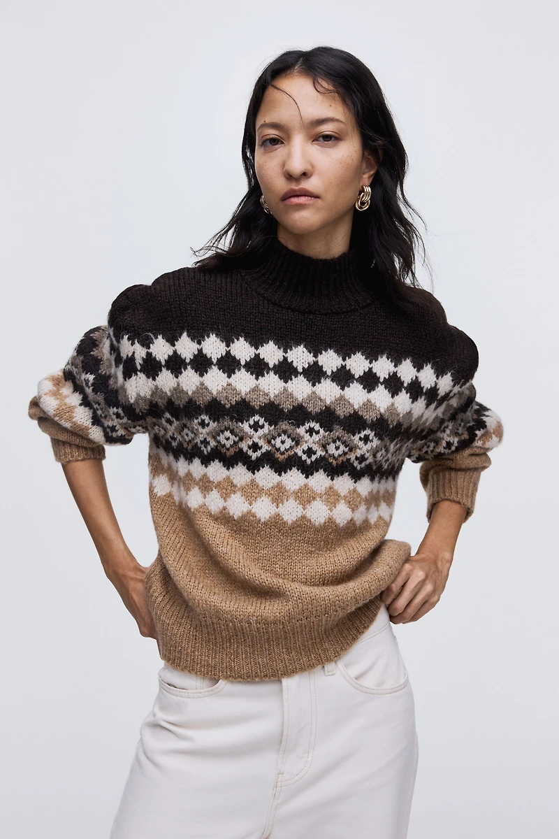 Jacquard-Knit Mock Turtleneck Sweater