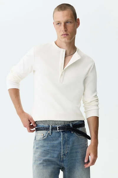 Slim-Fit Ribbed Henley Shirt