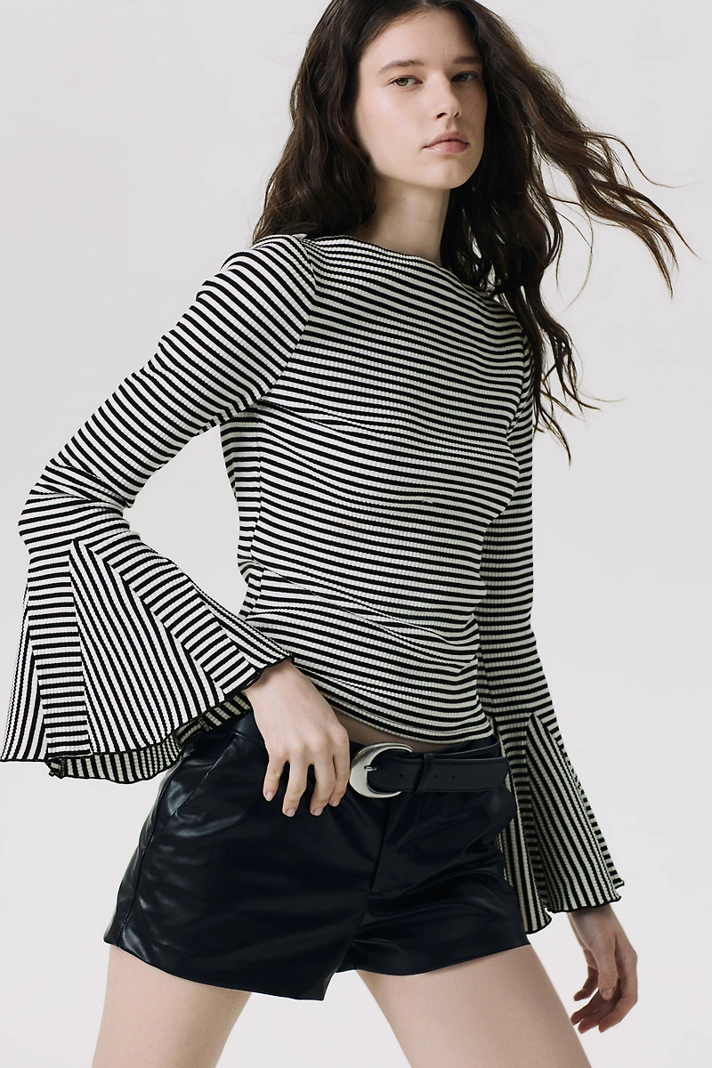 Trumpet-Sleeved Ribbed Top