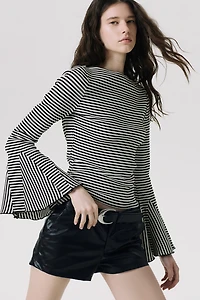 Trumpet-Sleeved Ribbed Top