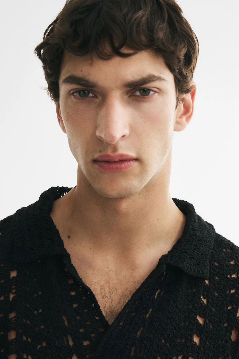 Relaxed-Fit Crochet-Look Polo Shirt
