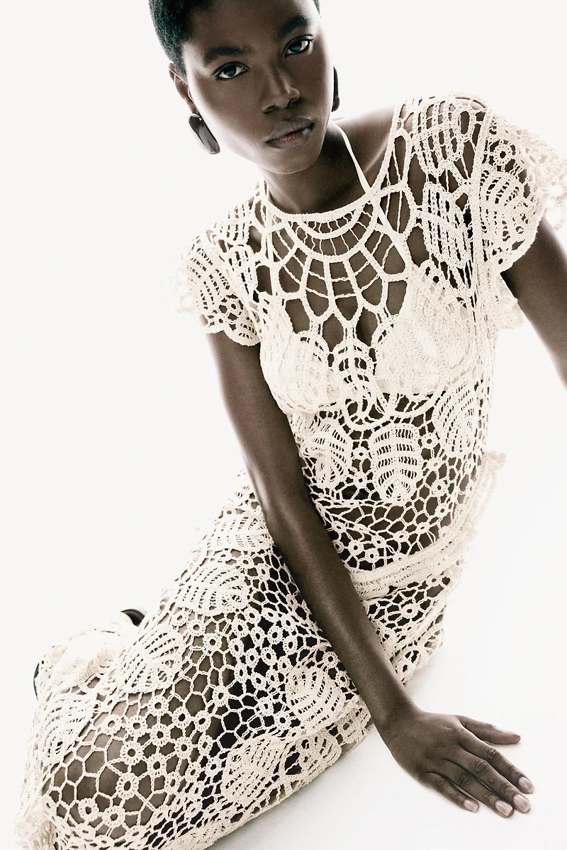 Flutter-Sleeved Crochet-Look Dress
