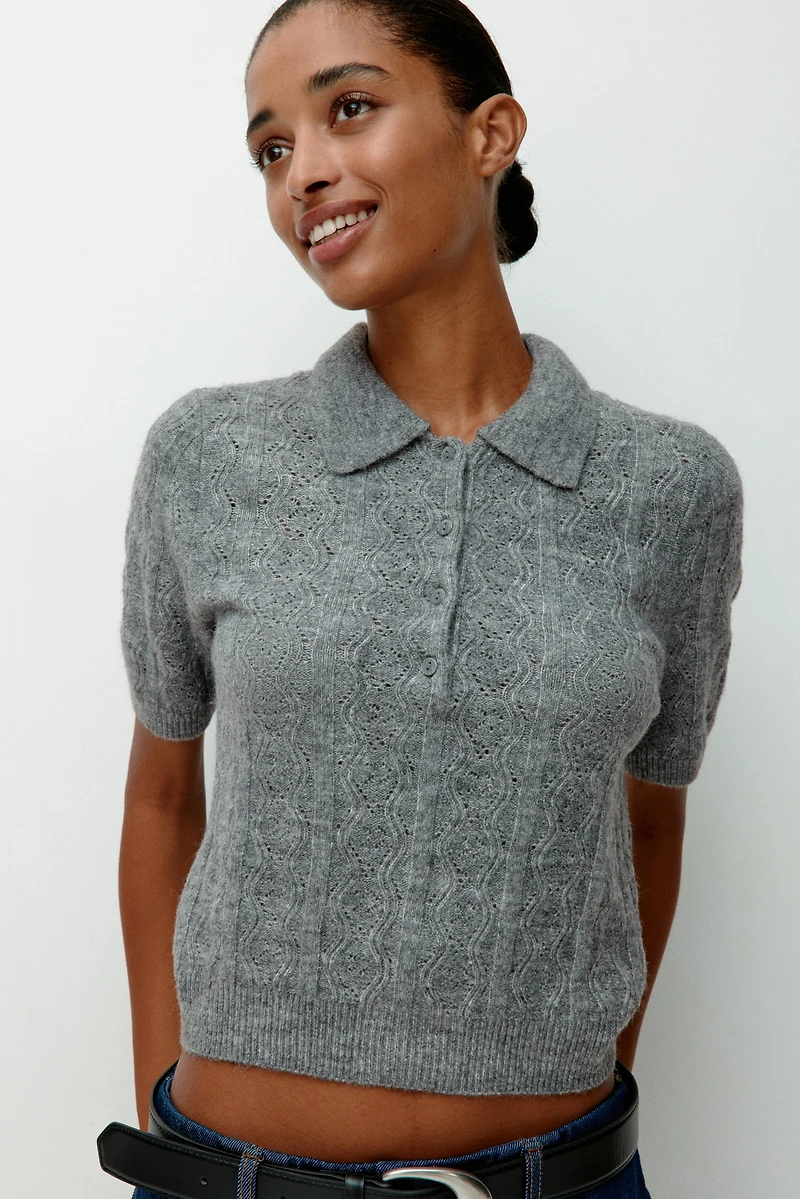 Pointelle-Knit Polo Sweater