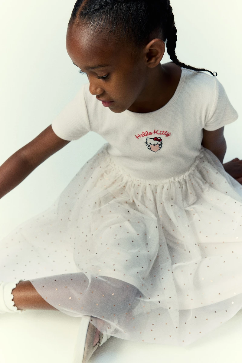 Motif-Detail Dress with Tulle Skirt