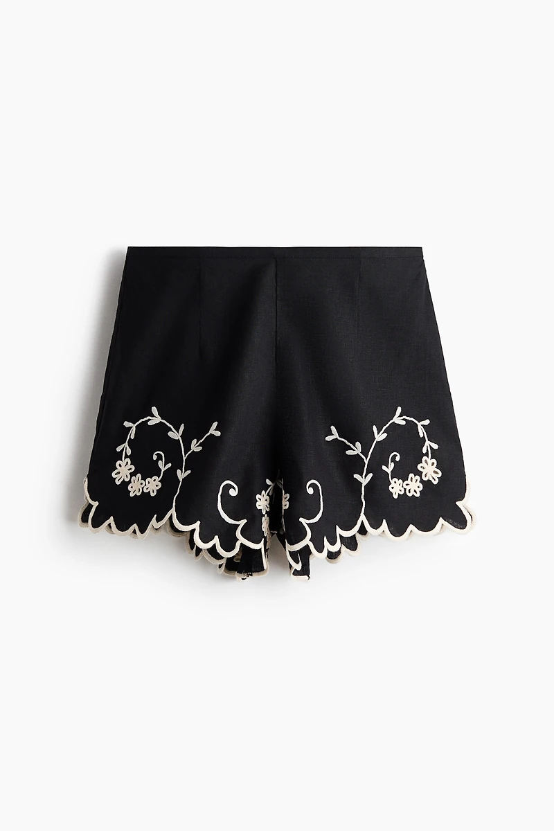 Linen-Blend Shorts with Embroidery