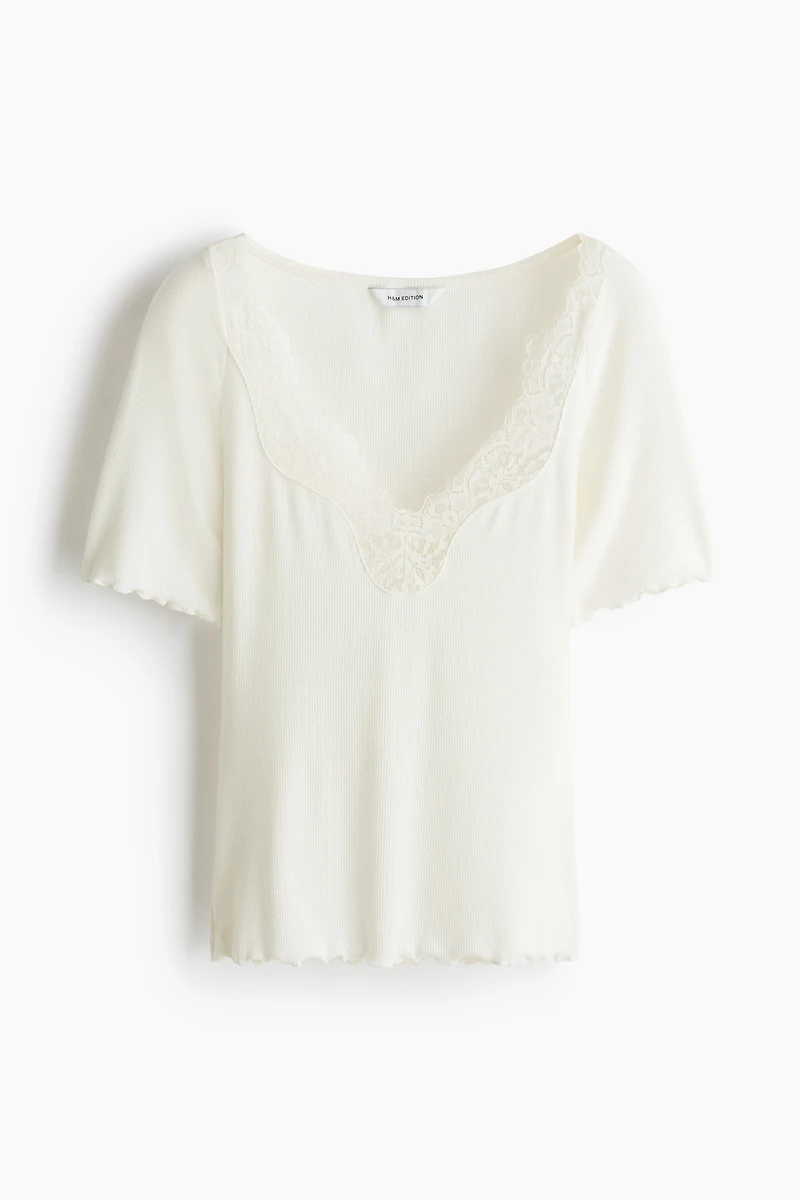 Lace-Trimmed Ribbed Top
