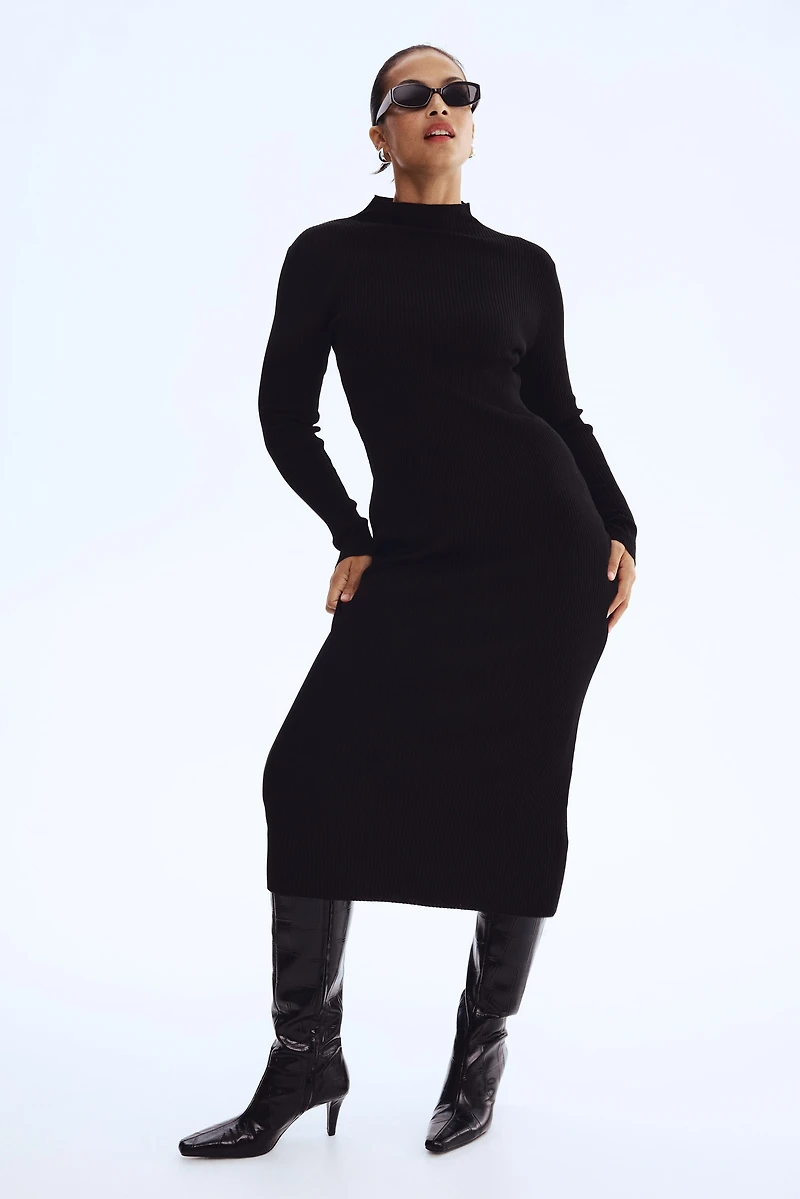Rib-Knit Mock Turtleneck Dress