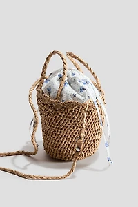 Embroidered-Detail Straw Bucket Bag
