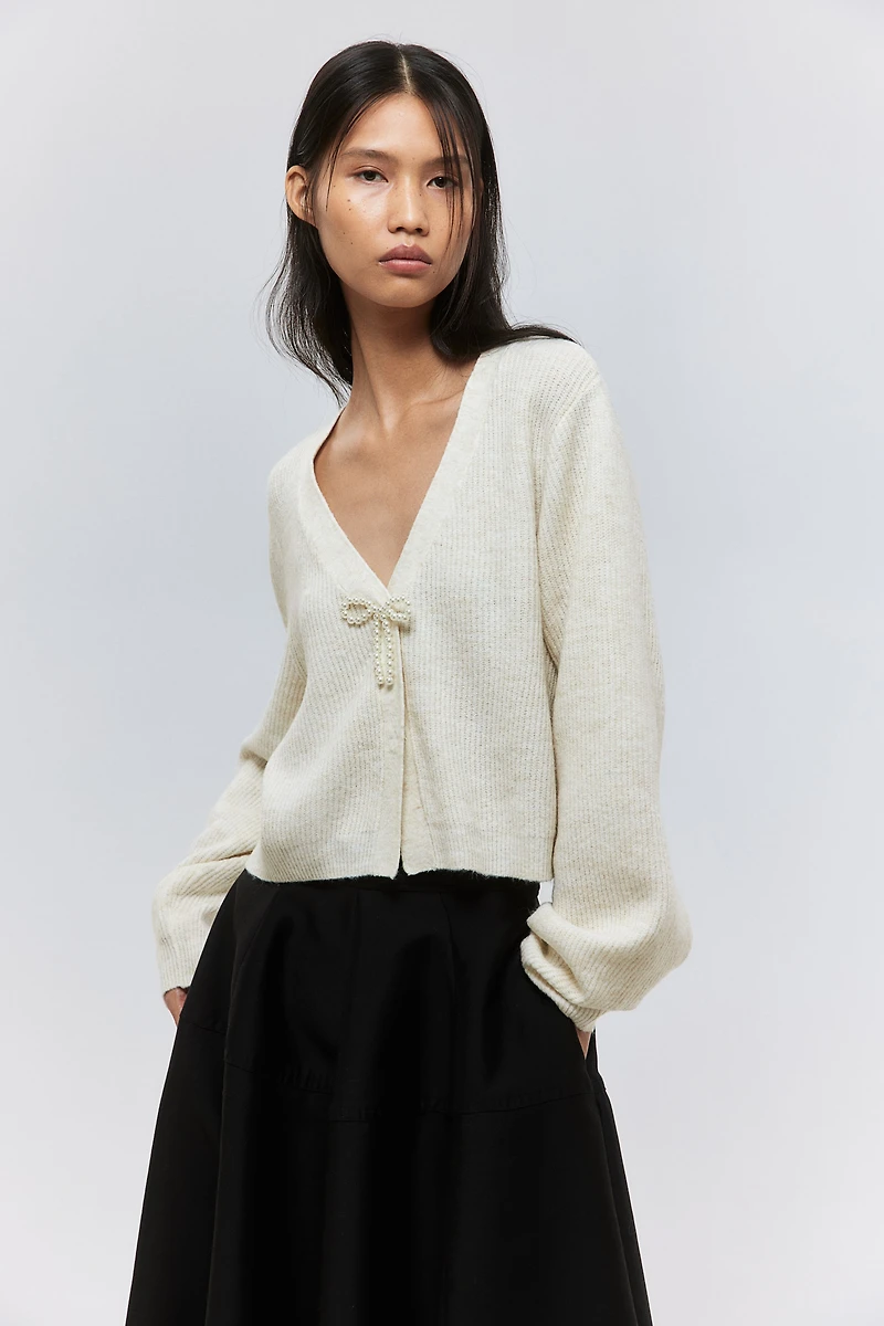 Bow-Detail Rib-Knit Cardigan