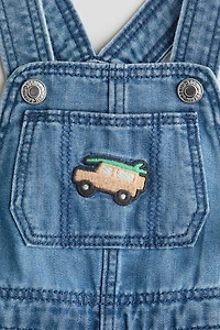 Denim Overall Shorts with Embroidered Details
