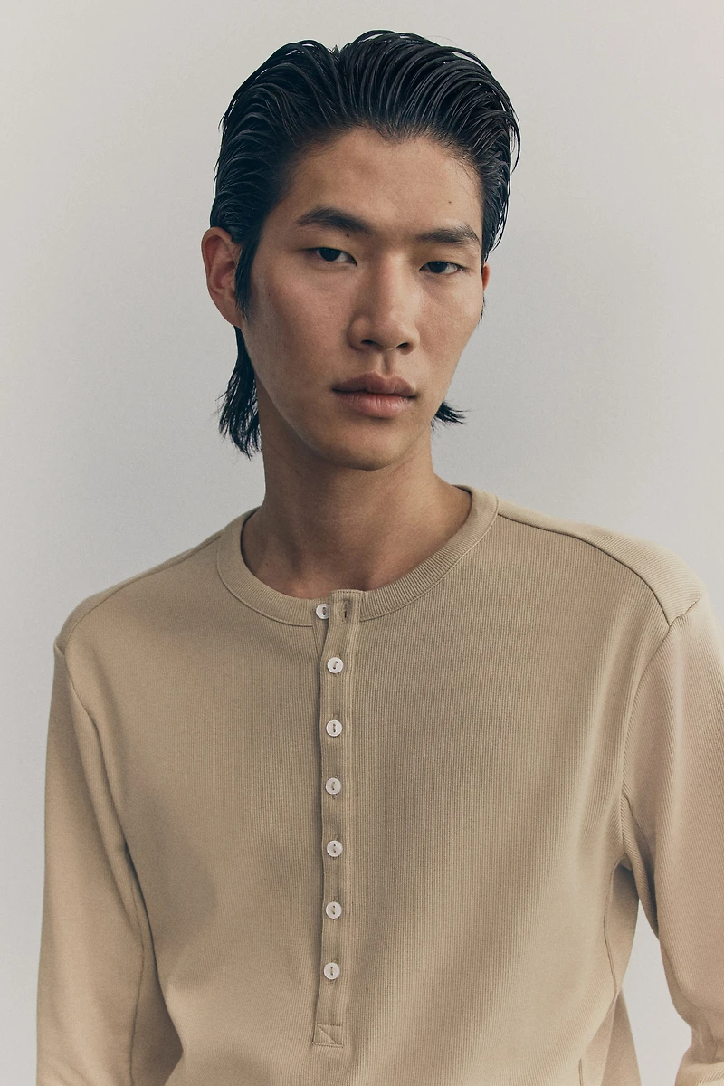 Ribbed Cotton Henley Shirt