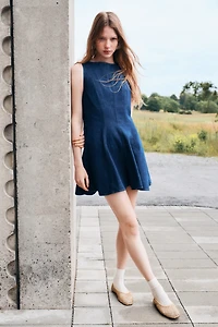 Flared-Skirt Denim Dress