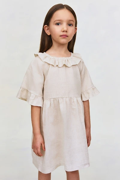 Linen Dress with Ruffle Collar
