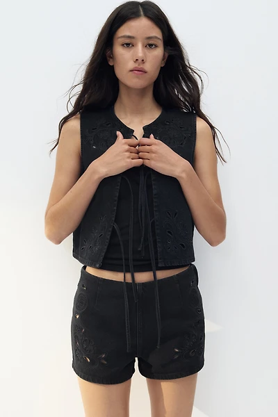 Eyelet-Embroidered Denim Shorts