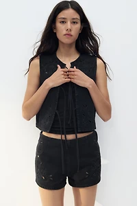 Eyelet-Embroidered Denim Shorts