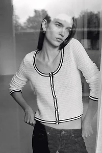 Textured-Knit Low-Cut Cardigan