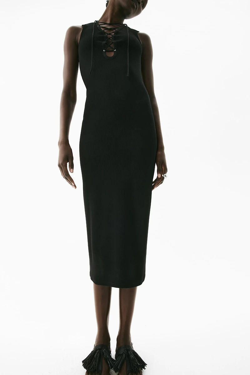 Ribbed Lacing-Detail Dress