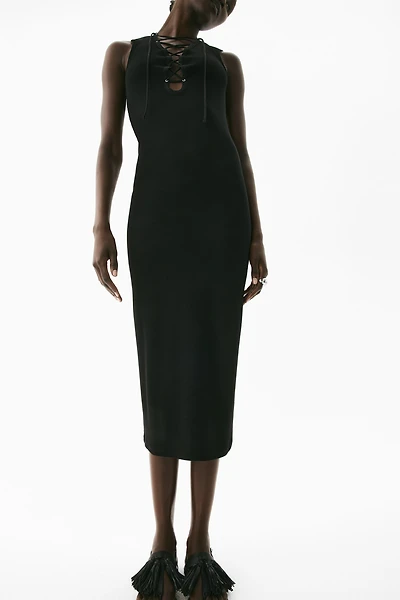 Ribbed Lacing-Detail Dress