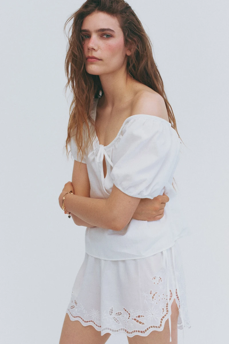 Blouse en lin mélangé avec manches bouffantes
